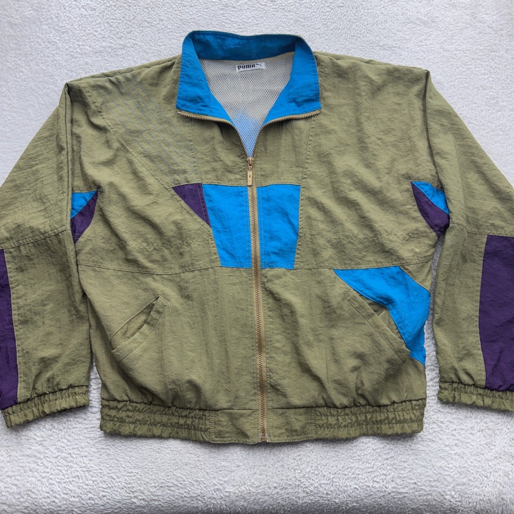 Vintage Puma 90s Colorblock Windbreaker Jacket Olive Blue Purple Mens Medium